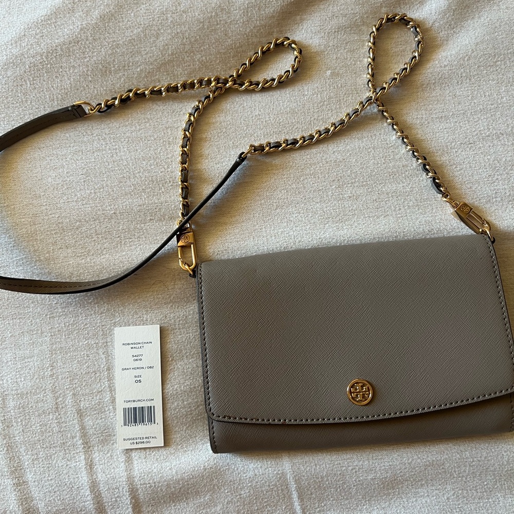 Tory Burch Taupe Crossbody Bag with Gold Chain